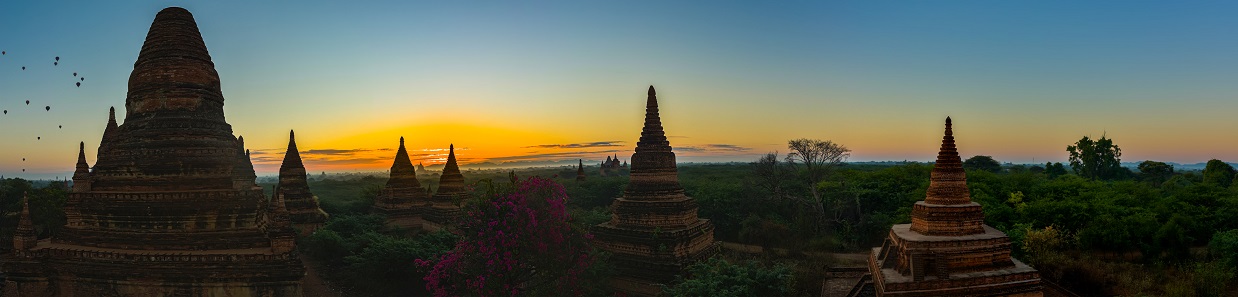 Bagan Panorama Beautiful Pagodas and hot air Balloons at Sunrise Myanmar